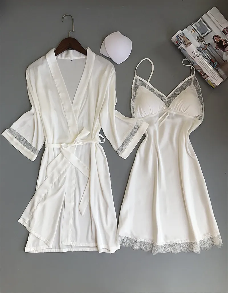 Roupa de sono feminina Sexy Lace Silk Robe Set Sleep Sleep Dress Bathrobe Two Piece Robe Damas de Brides Weddingwearmx190822