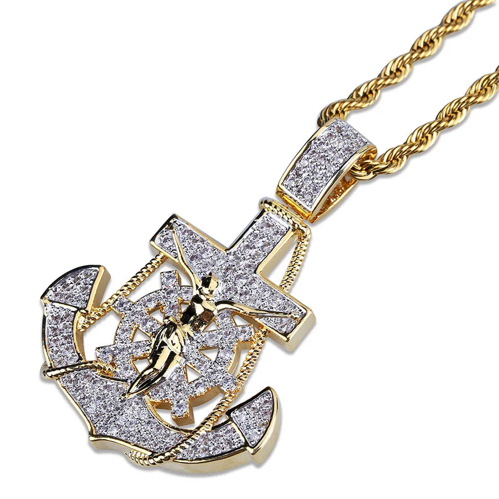 ECED OUT Pendellant Hip Hop Bling Chains Schmuck Männer Luxusdesigner Halskette Herren Diamantkette Anhänger Anker Ruder Kreuzrapper 305d