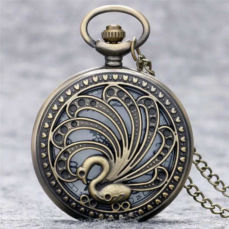 Bronze vintage oco pavão design relógio de bolso animal quratz relógios com corrente colar para mulheres homens crianças orologio da tasca2164