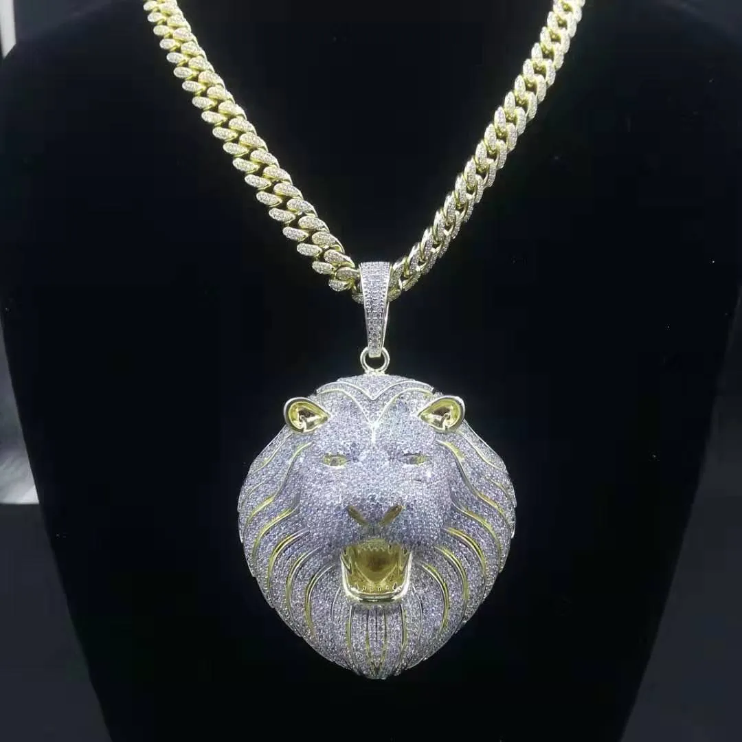 Iced Out Lion Pendant Hip Hop Icebox Jewelry Men Designer Halsband 18K Gold Plated Cuban Link Chain Rapper Diamond Cubic Zirconia 333C