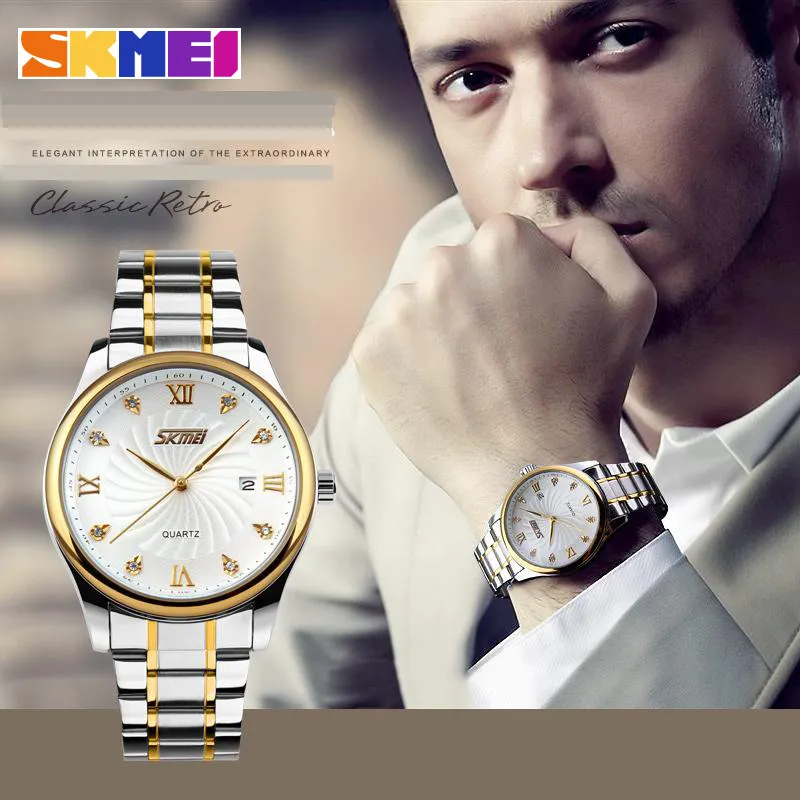 Skmei Fashion Mens Watches Top Brand Luxury Business Watch Men Roestvrij staal band Quartz polshorloges Relogio Masculino 9101218L