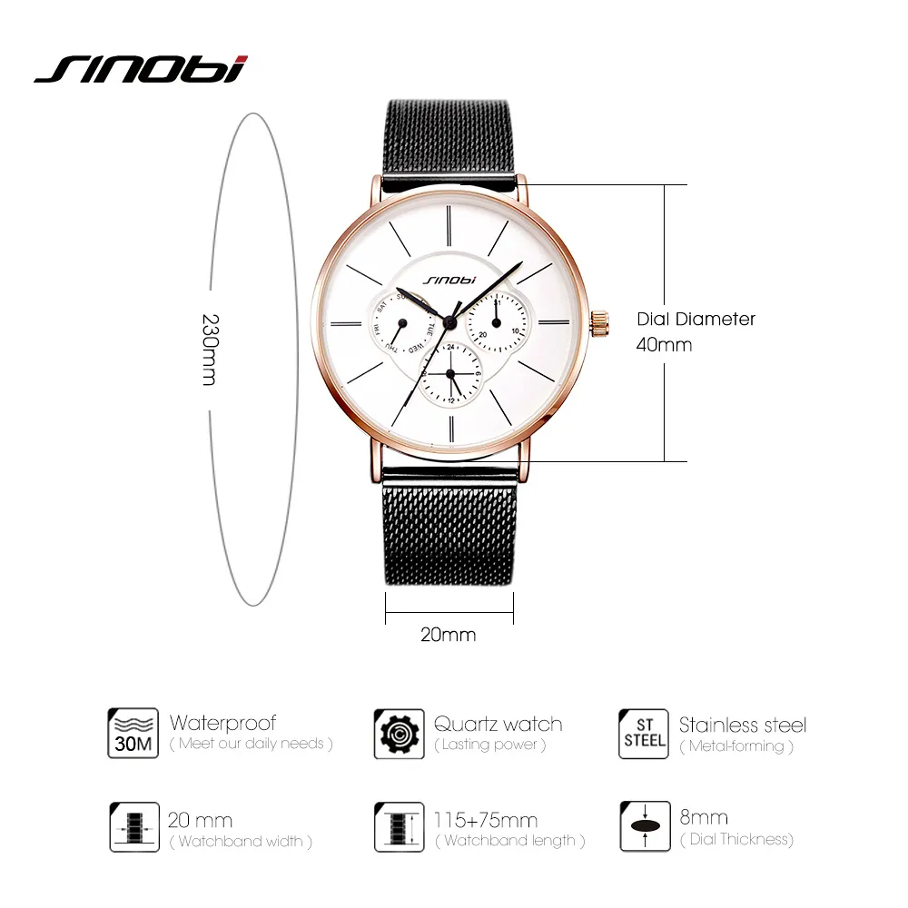 Mulheres elegantes de Sinobi assiste a Golden Case Milan Mesh Casual Ladies Quartz Assista Presente Calendário de Relógio de Relógio Feminino275y