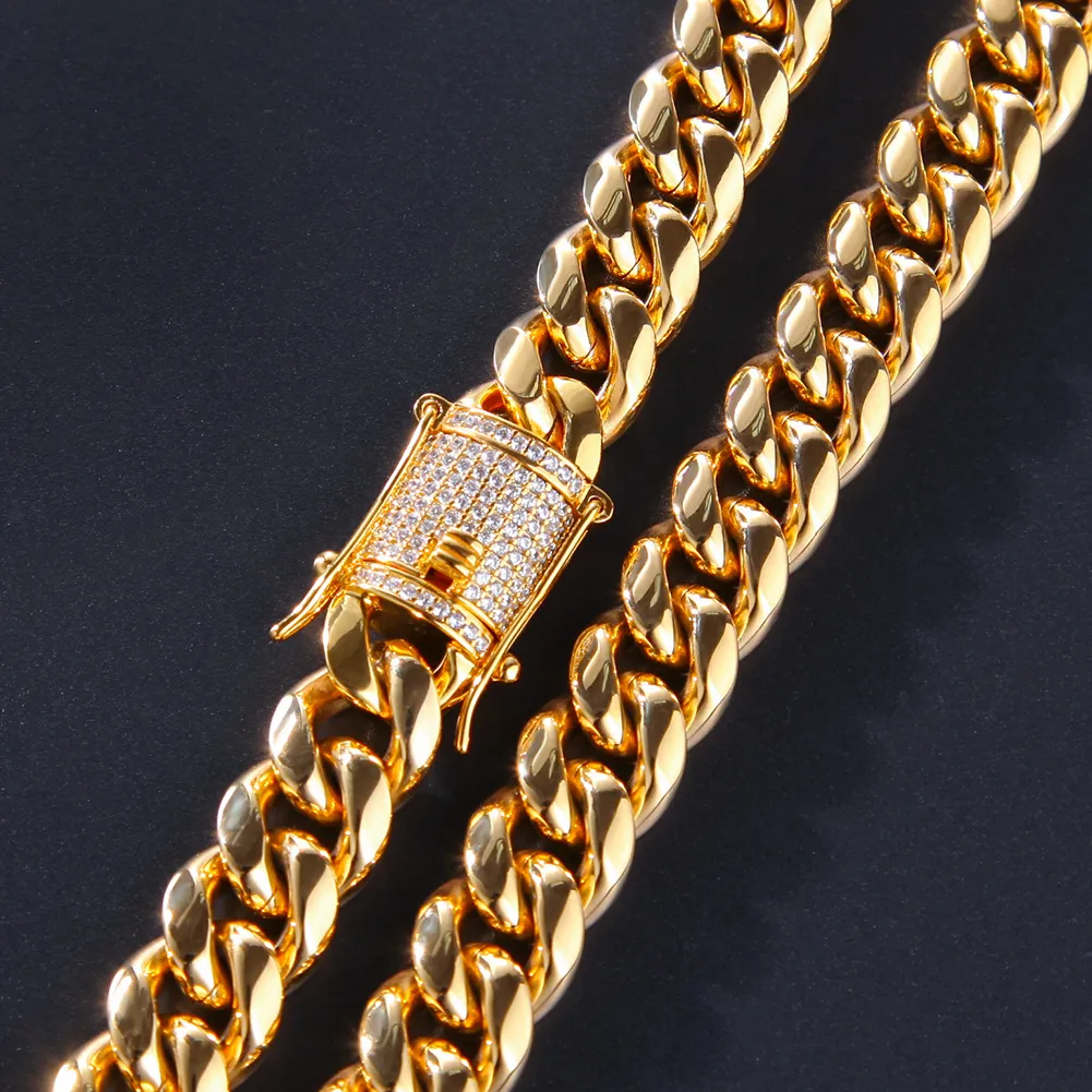 12mm 14mm Mens Cuban Miami Link Bracelet & Chain Set Rhinestone Clasp Stainless Steel Gold Hip Hop Necklace Chain Jewelry Set280k
