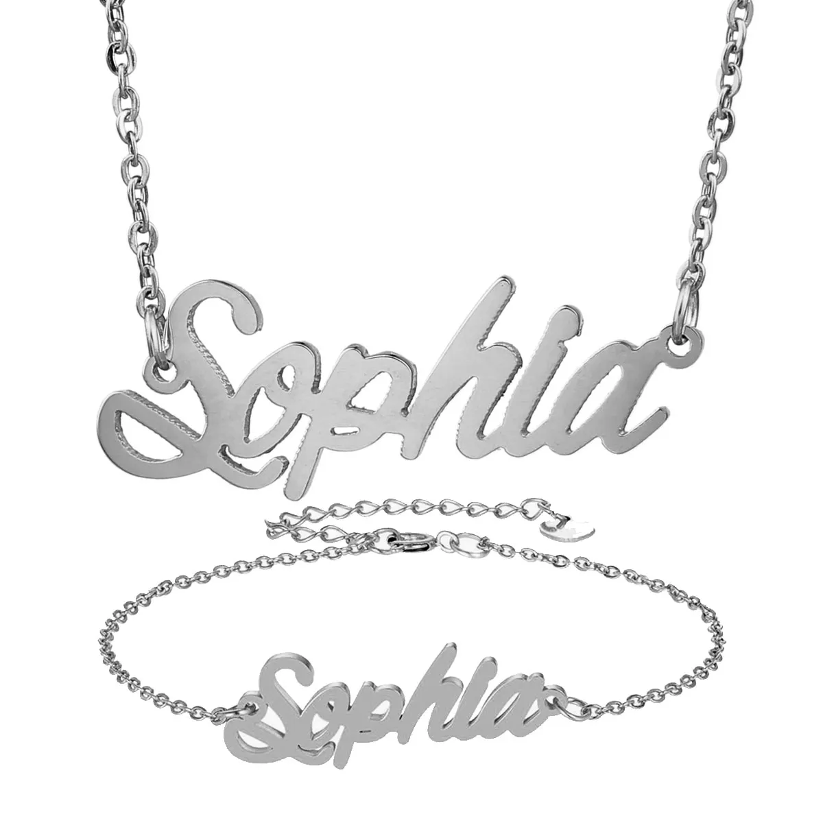 Mode personalisierte individuelle Namenskette Armband Fußkettchen Set „Sophia“ Schriftzug Buchstabe Gold Halsband Kette Halskette Anhänger Namensschild Geschenk