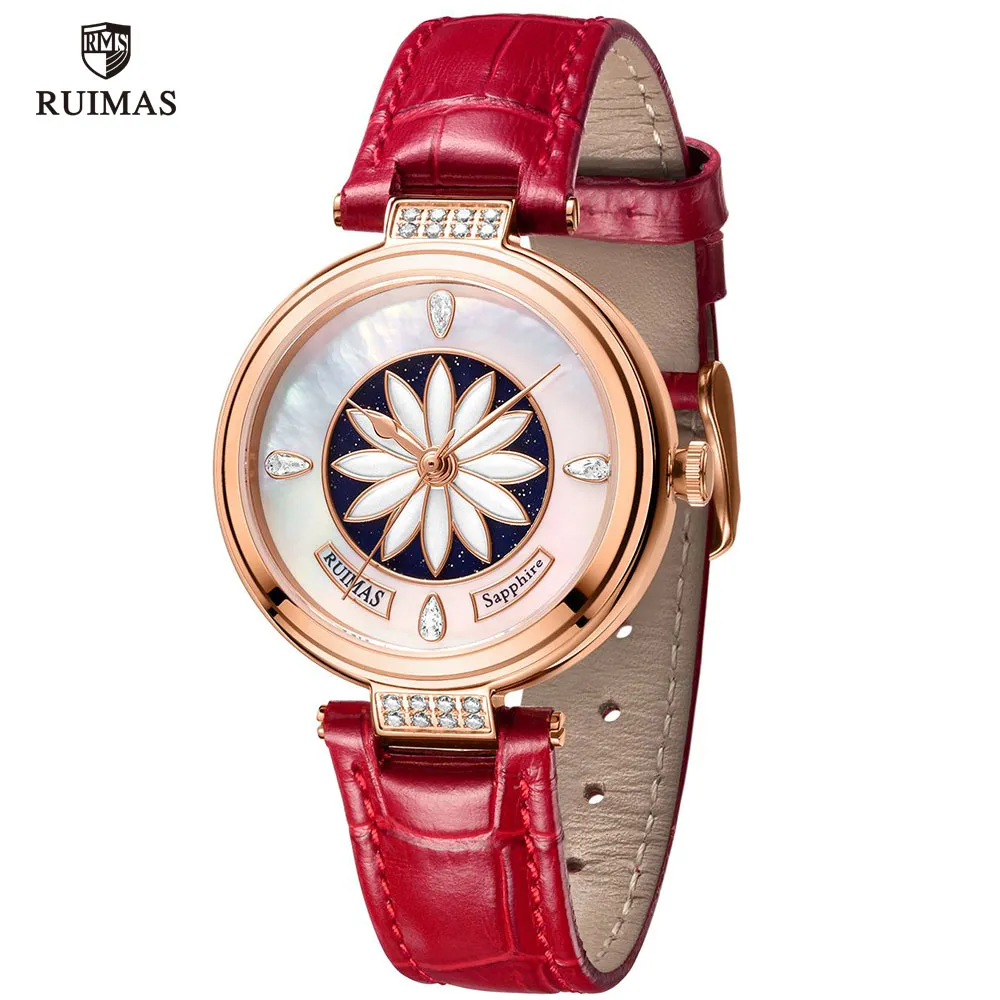 Ruimas relógios femininos de luxo pulseira de couro vermelho relógio de pulso automático flor dial relógio mecânico senhora meninas à prova dwaterproof água 6776233b