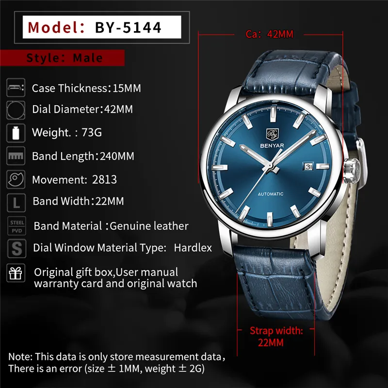 Nuovi orologi in pelle da uomo moda casual BENYAR Top Brand Business orologio meccanico automatico da uomo sportivo Relogio Masculino268d