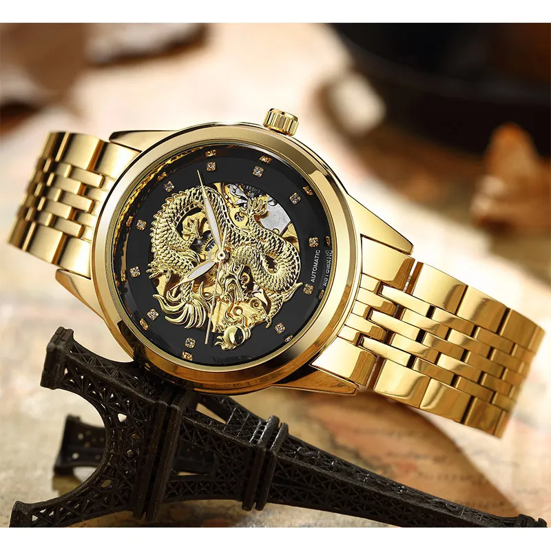 Reloj mecánico de oro esqueleto para hombre, reloj de pulsera mecánico de acero con dragón tallado en 3D automático, marca superior de lujo de China, viento automático 2018 Y2337