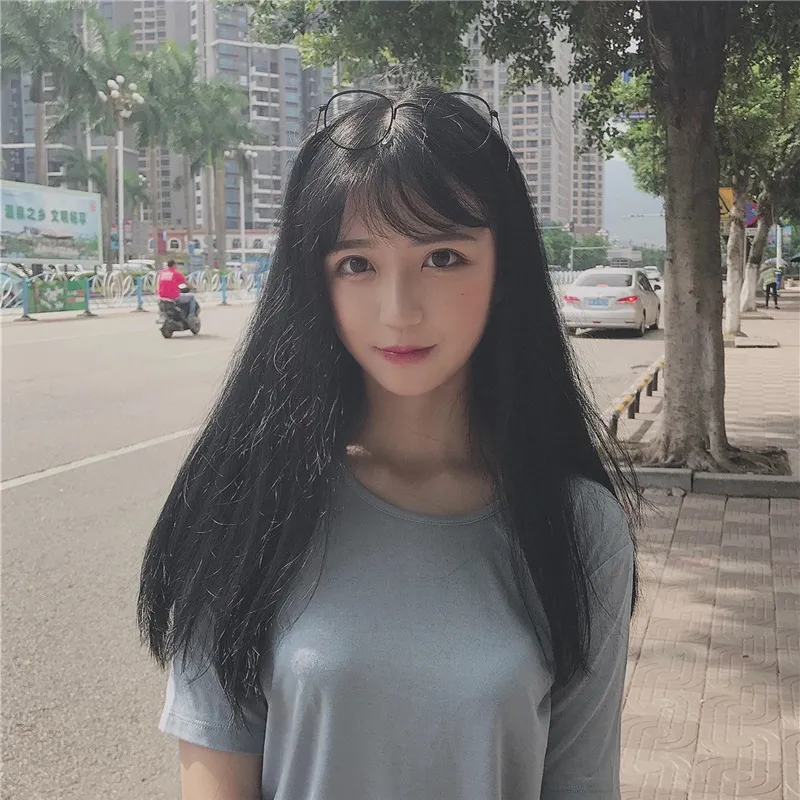 New Korean pop girl bangs wig Long Straight Hair Wig Full Headset pink brown black wigs7025833