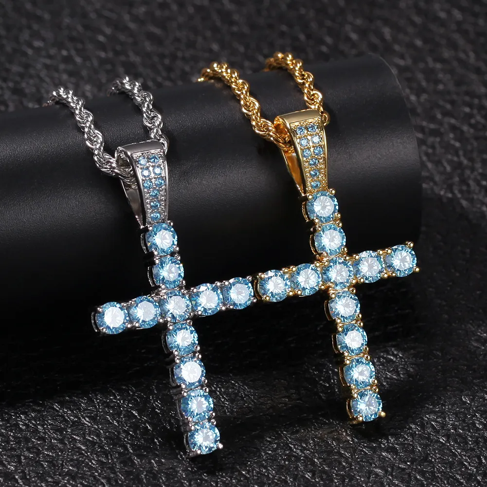 Collier pendentif croix en diamant bleu clair, bijoux plaqué platine pour hommes et femmes, cadeau d'amoureux pour Couple, bijoux religieux 2724