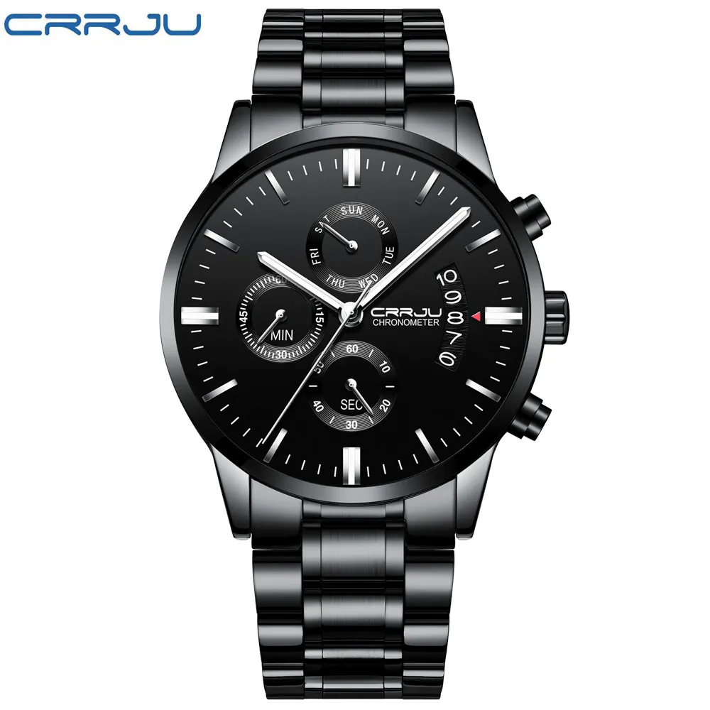 Crrju New Men's Calander Waterproof Sport Wristwatch med Milan Strap Army Chronograph Quartz Heavy Watches Fashion Man CLOC281N