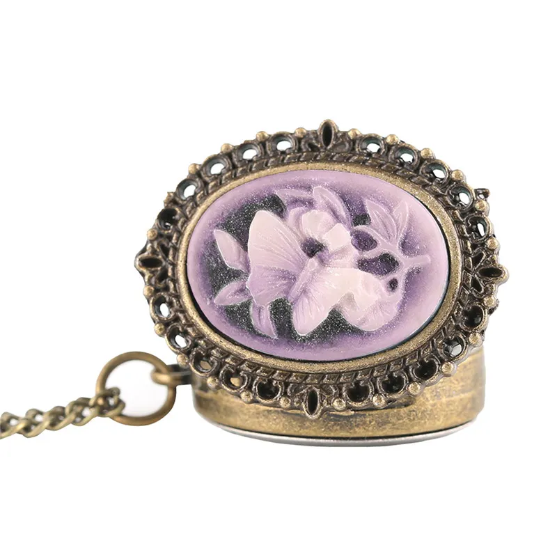 Rétro Steampunk fleur pourpre motif papillon petite petite montre de poche collier pendentif montres à quartz cadeau d'anniversaire pour dame G249G