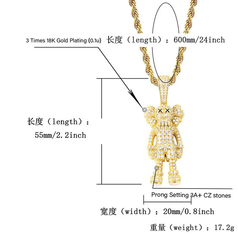 Hip Hop Iced Out Cartoon Puppe Anhänger Halskette Gold Versilbert Herren Bling Bling Schmuck Gift237D