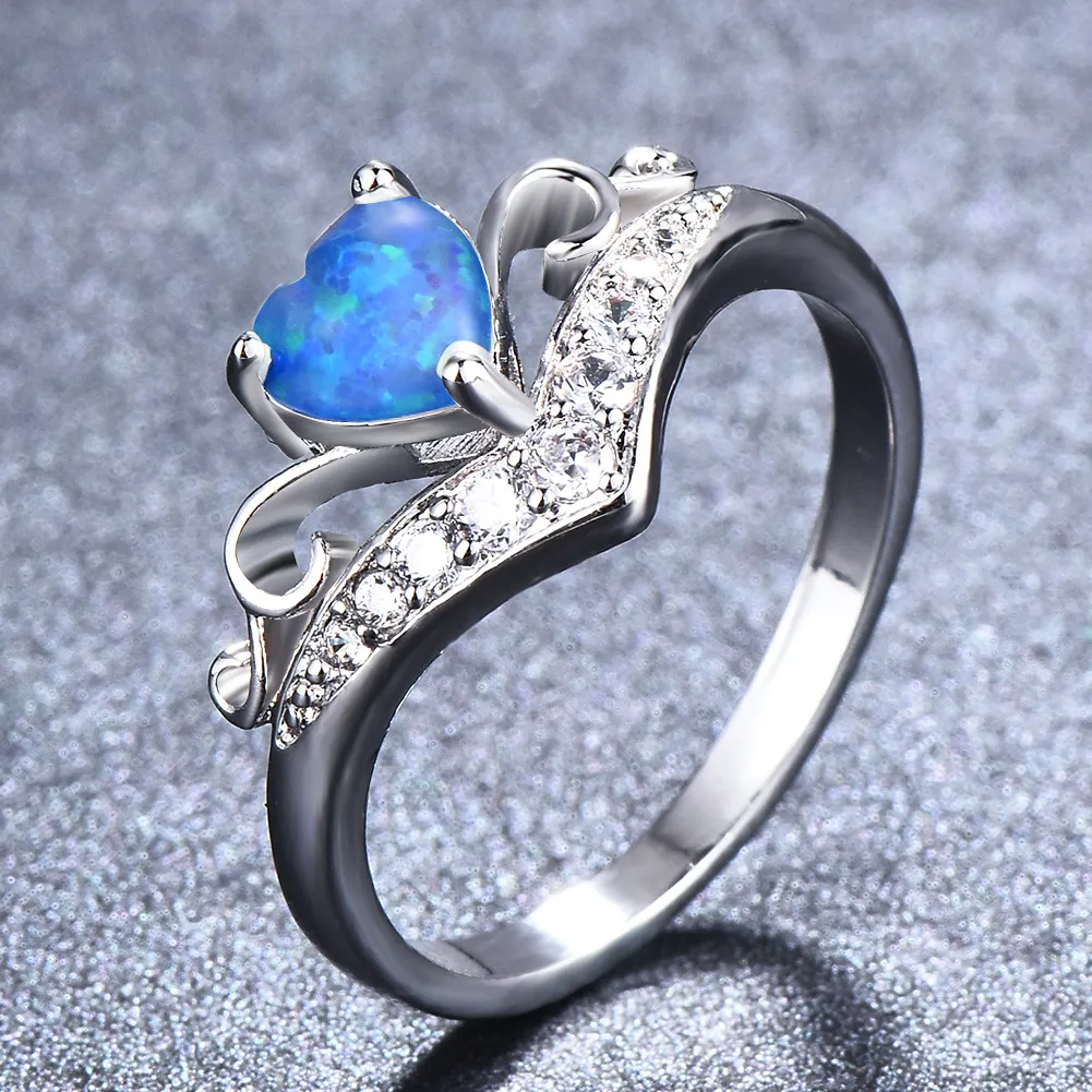 10 pièces / 925 bagues en argent sterling couronne coeur bleu blanc opale gemmes pour femmes mariages fête américaine australie bague bijoux 328j