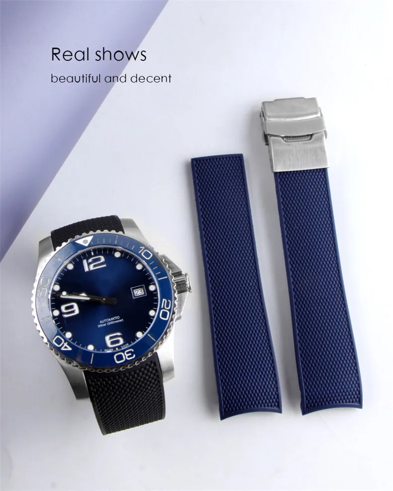 21mm novo preto azul à prova dwaterproof água mergulho silicone borracha pulseiras de relógio fivela dobrável para l3 hidro conquista relógio ferramentas3315