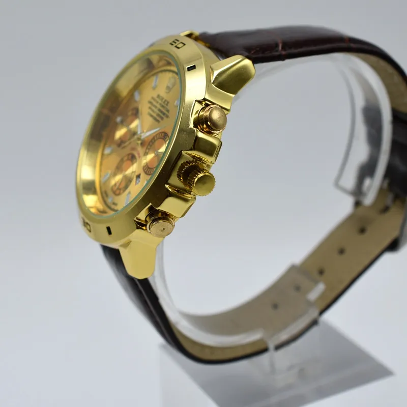 On 40mm quartz leather gold case round fashion mens watches day date analog men dress designer watch whole men's gif3228