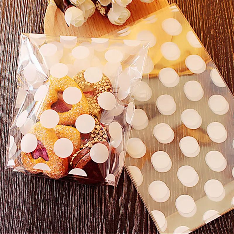 100 Stück Kunststoff Gold Weiß Polka Dot Transparent Cellophan Candy Cookie Geschenktüte mit DIY Hochzeit Geburtstag Party Supplies306s