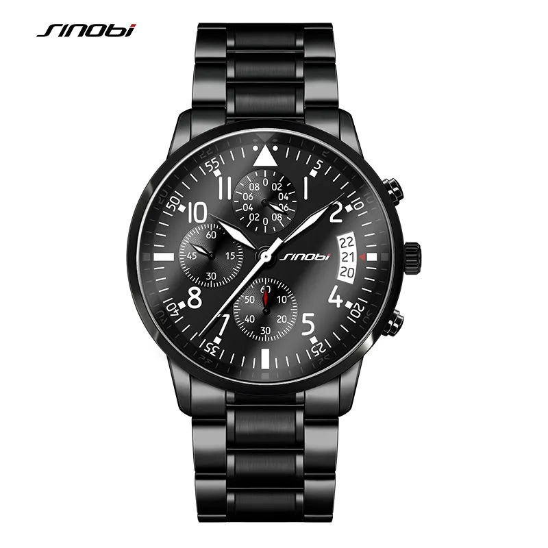 SINOBI Watches Men Waterproof Stainless Steel Luxury Pilot Wrist Watches Chronograph Date Sport Diver Quartz Watch Montre Homme306e