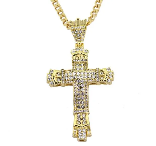 18k guldpläterad rostfritt stål kubansk kedja vatten diamant retro cutout cross hänge halsband241s