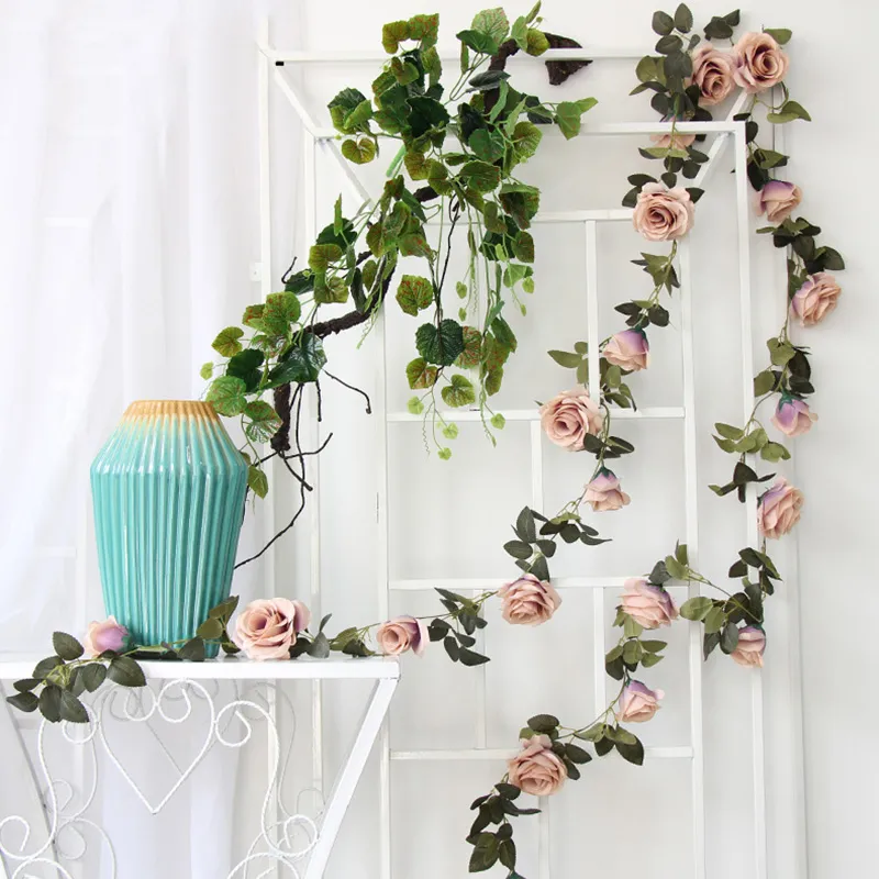 4 Teile/los 2M Künstliche Rose Rebe Seide Blume Rose Dekoration Hause Innen Rohr Decke Pflanze Wand Dekorative Hochzeit gefälschte Blume St308P