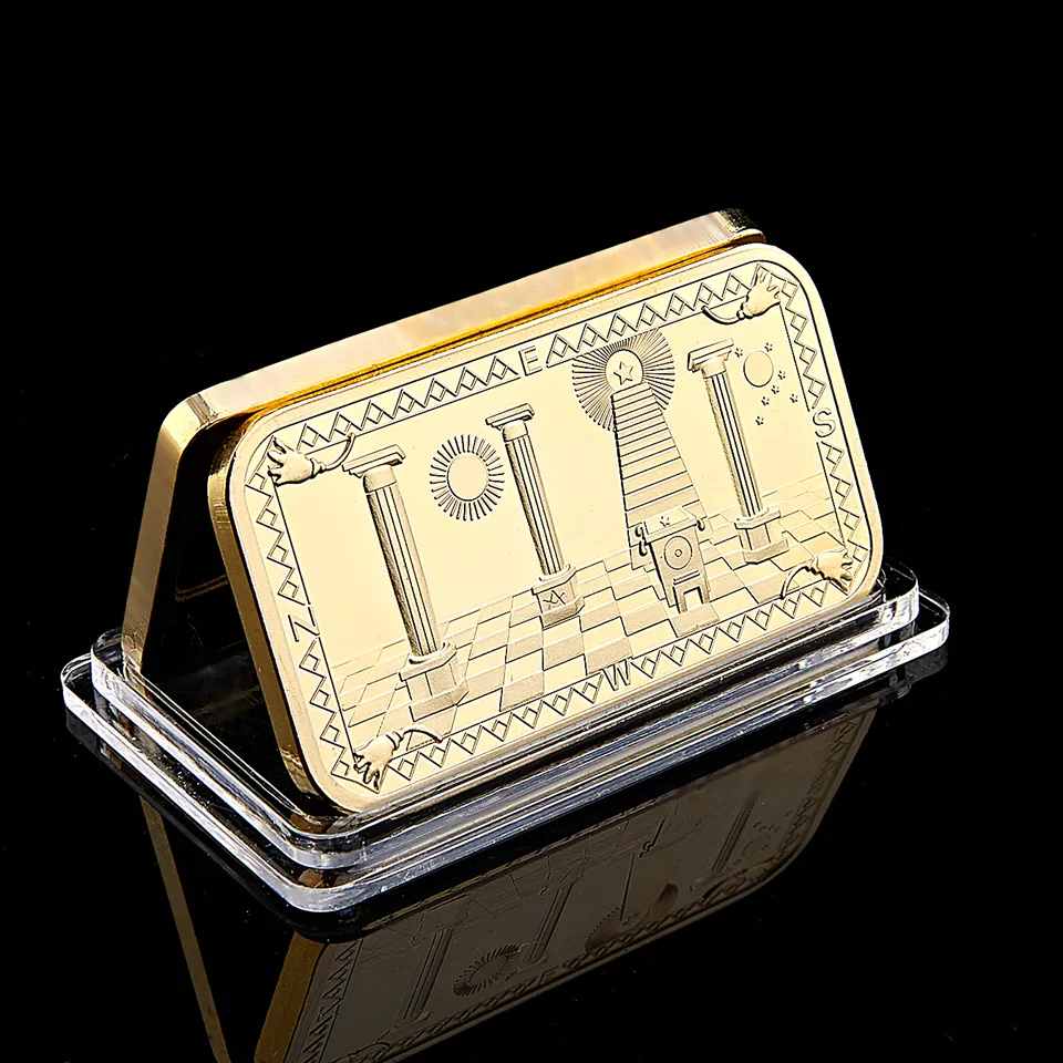 lote maçons Desafio Maçônico Coin Golden Bar Craft 999 Fine Gold Bated Clad 3D Design com capa 213i