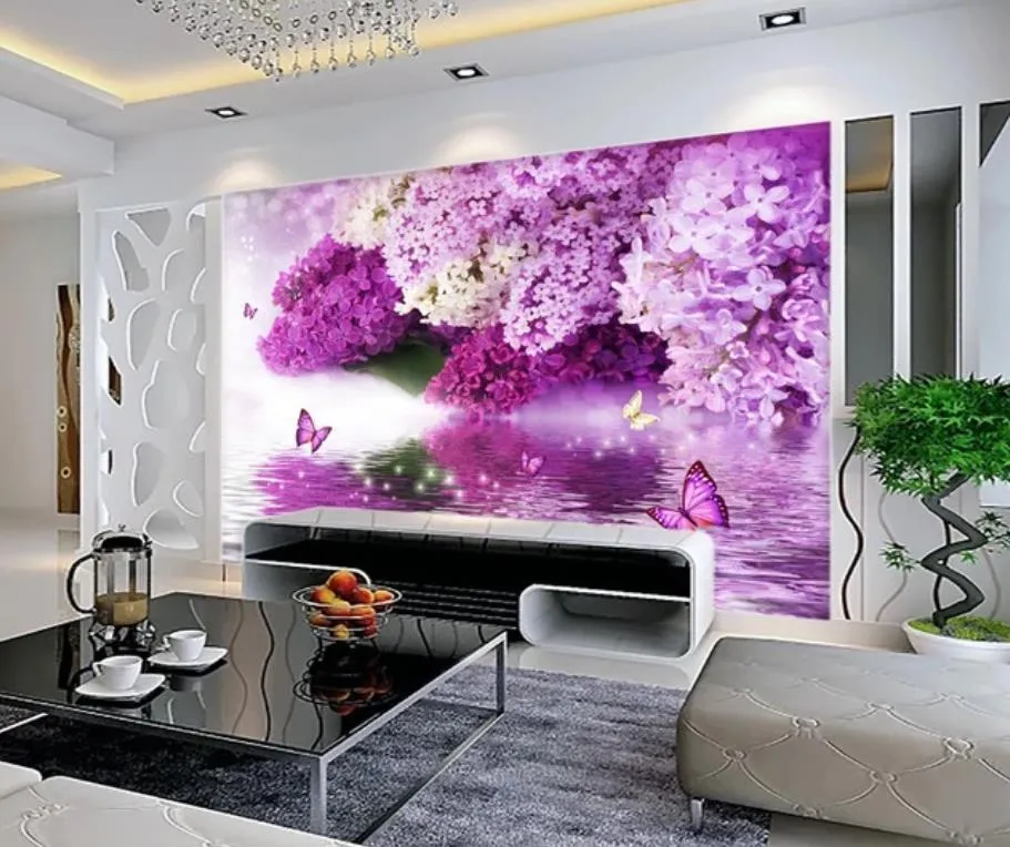 Papier peint de fond de papillon, réflexion d'hydrologie de fleur violette, mur de salon moderne, 2747