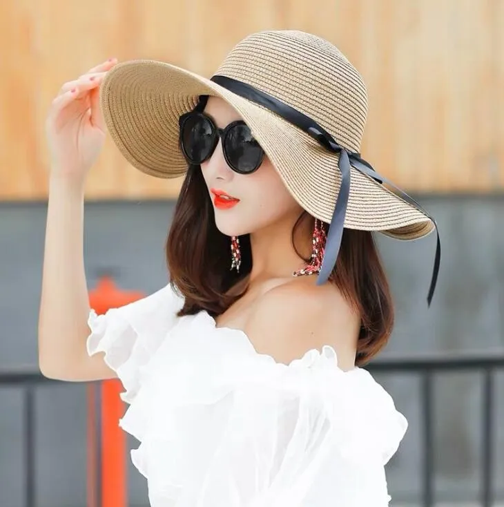 夏のワイドブリムストローハット女性のための大きな太陽の帽子uv保護パナマフロッピービーチハットレディースボウハット日焼け止め折りたたみ式サン276r