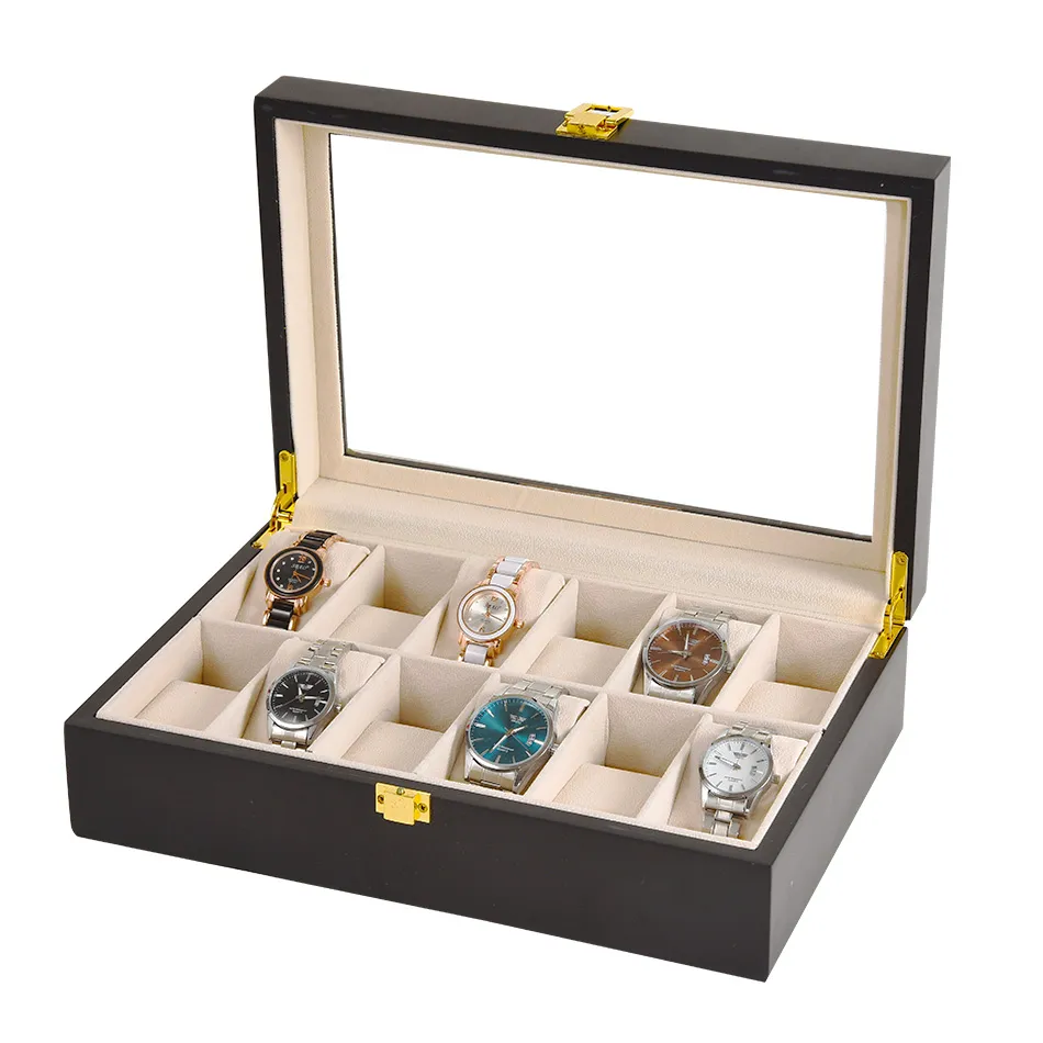 Caja de almacenamiento para reloj con 2, 3, 5, 6, 10 y 12 ranuras, caja de cristal de madera roja y negra, expositor de pulsera, soporte para relojes, ataúd 2 3092