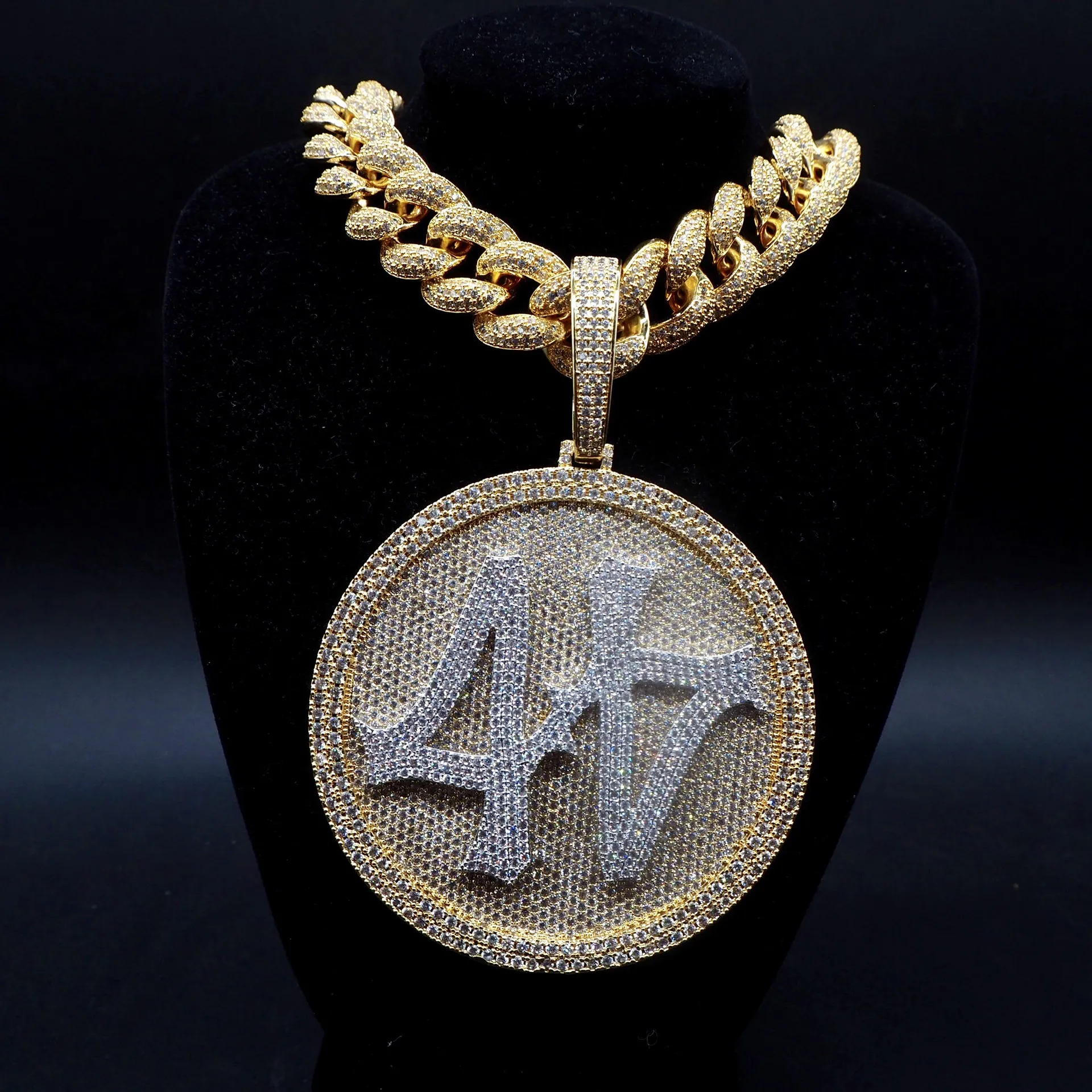 Iced Out Number 44 Large Size Diamond Round Pendant Necklace 18K Gold Plated Mens HipHop Bling Jewelry Gift311Y