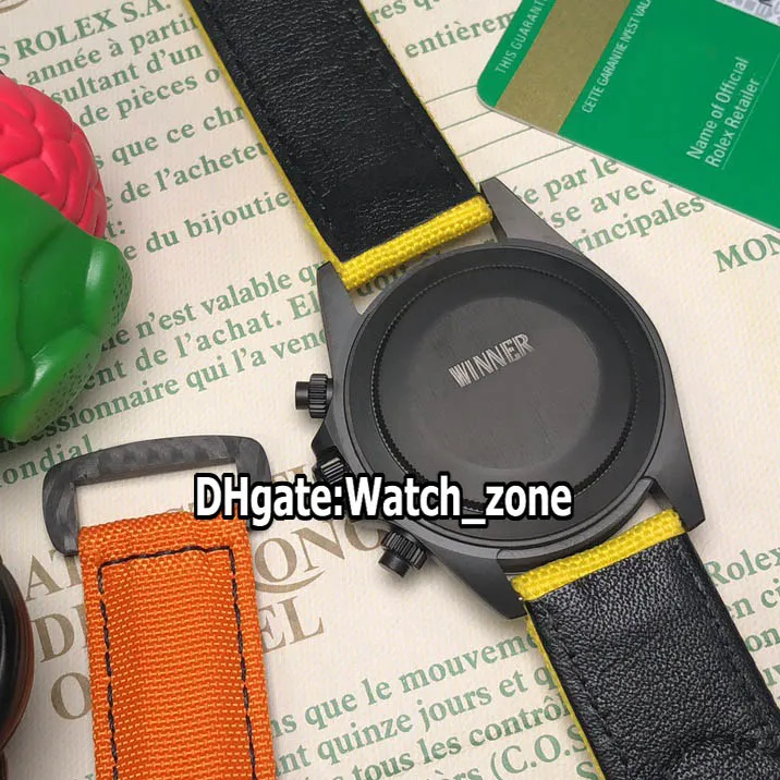 Versione PVD Cassa nera 116500LN Quadrante giallo con scarabocchi Orologio automatico da uomo Cinturino in pelle di nylon giallo Lunetta con diamanti arcobaleno Wa210k