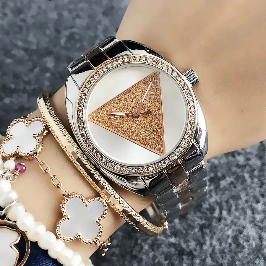 패션 브랜드 여자 소녀 크리스탈 삼각형 스타일 다이얼 메탈 스틸 밴드 쿼츠 손목 시계 GS 21338Z