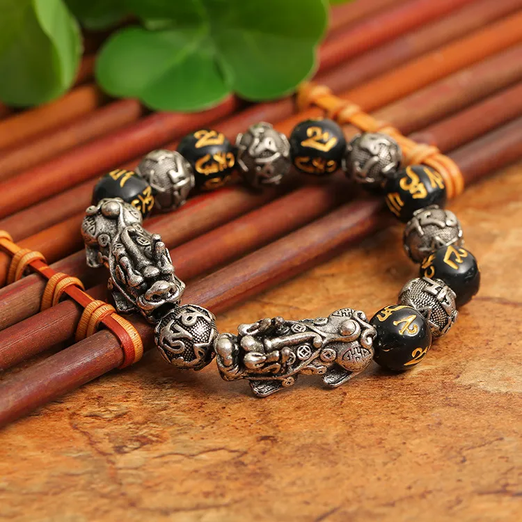 Versilberter Reichtum 3D Double Pixiu Charm Naturstein Buddha Perlen Armband Feng Shui Herrenschmuck238D