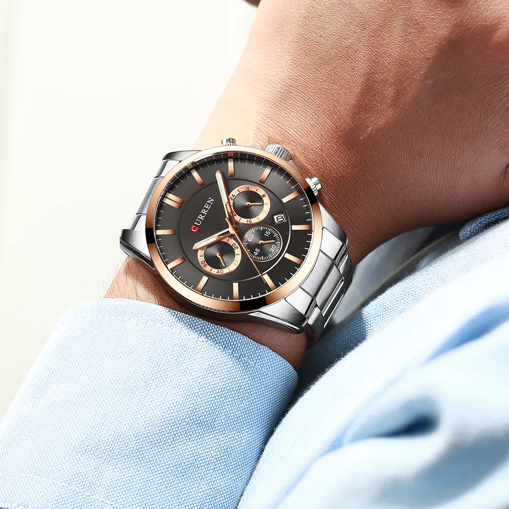Reloj Hombres Luxury Brand CURREN Cronografo al quarzo Orologi da uomo Orologio causale Orologio da polso con cinturino in acciaio inossidabile Auto Date318b