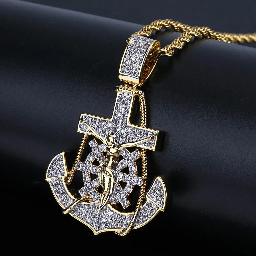 ECED OUT Pendellant Hip Hop Bling Chains Schmuck Männer Luxusdesigner Halskette Herren Diamantkette Anhänger Anker Ruder Kreuzrapper 305d