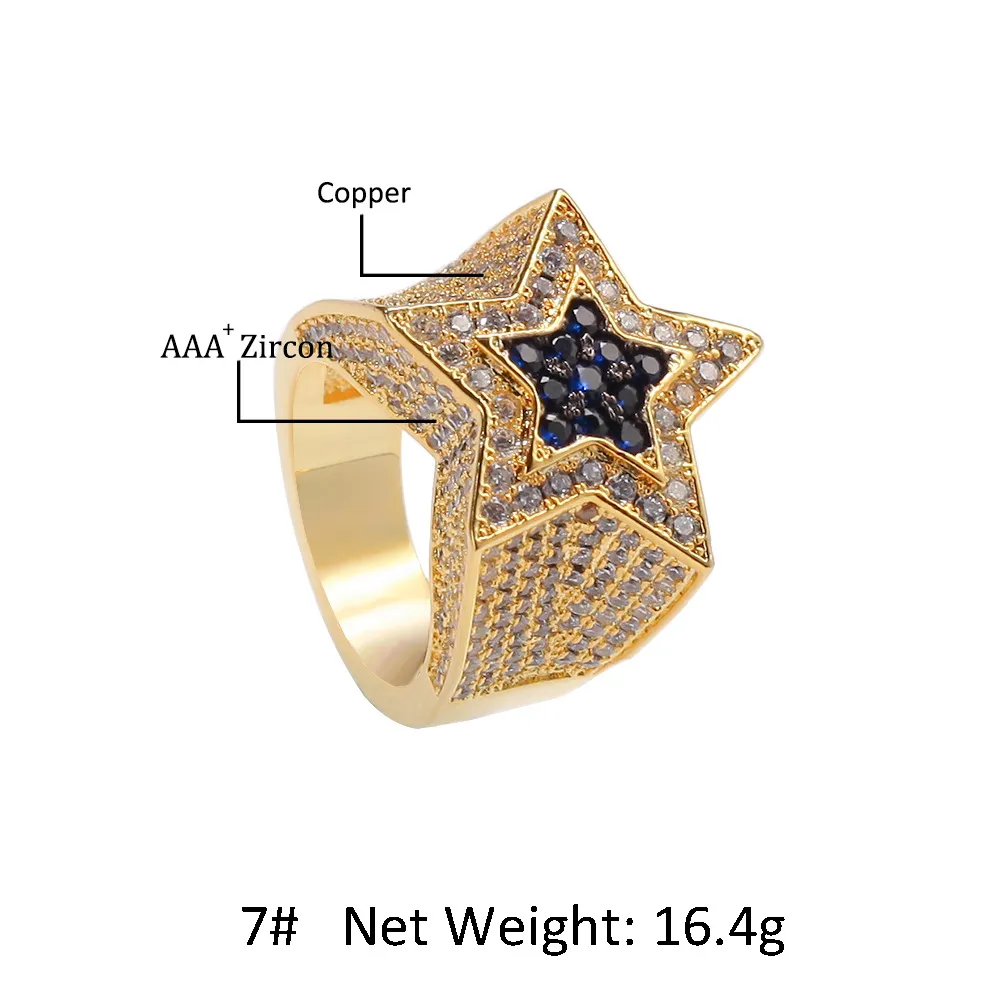 Bague étoile en Zircon pour hommes, bijoux Hip Hop euraméricains en diamant, en cuivre glacé, anneaux pour hommes 2872