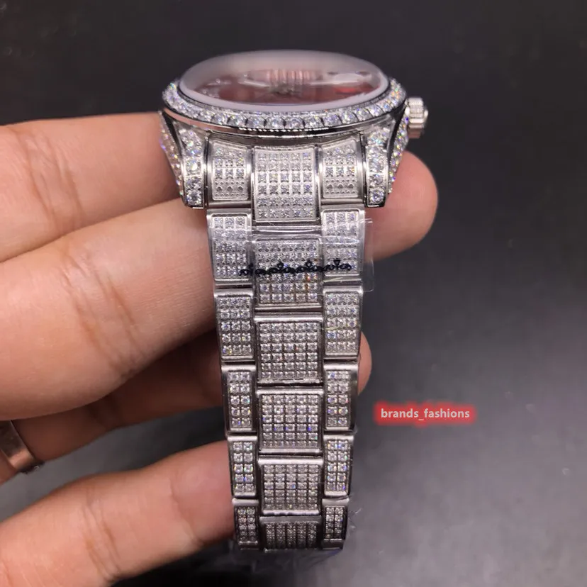 BOUTIKE Herrarna av hög kvalitet Iced Diamonds Watch Red Face Watch Silver rostfritt stål diamantfodral automatisk mekanisk klocka291m