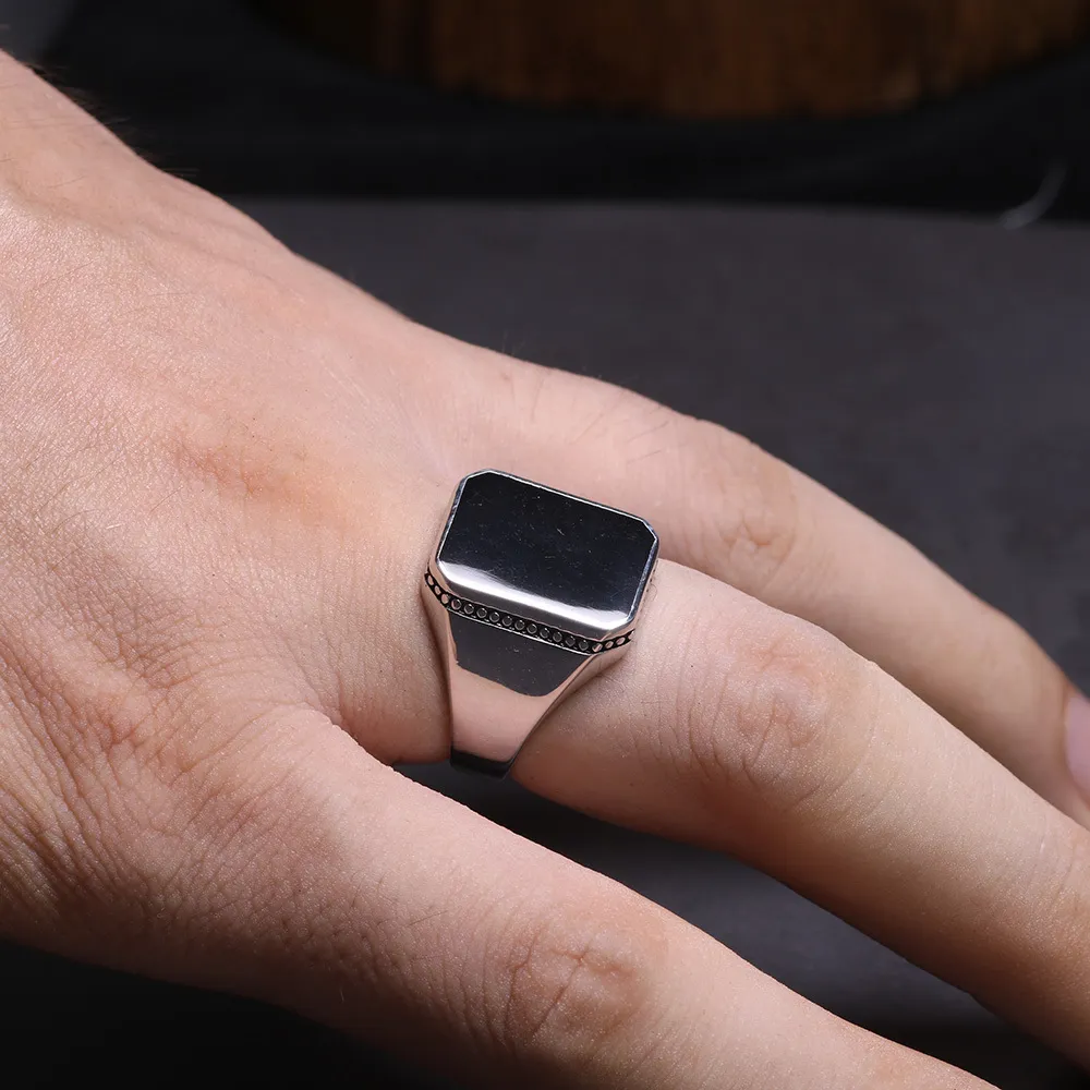 Real Solid 925 Sterling Silver Ring Simple For Men Imitated Black Stone Square Flat High Polishing Middle East Turkish Jewelry C185046460