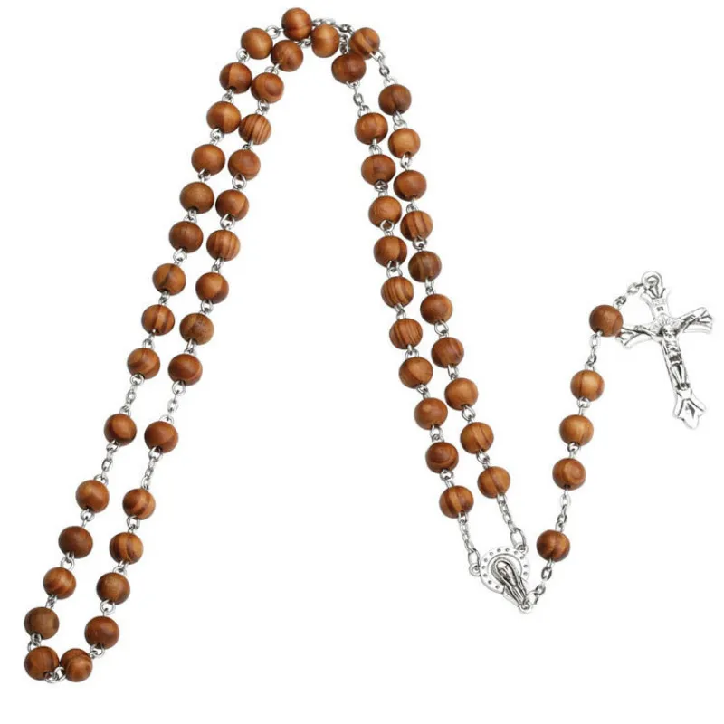 2020 Croix catholique Collier religieux perles en bois chapelet collier femmes homme long brin colliers prière Jésus bijoux cadeau 1735