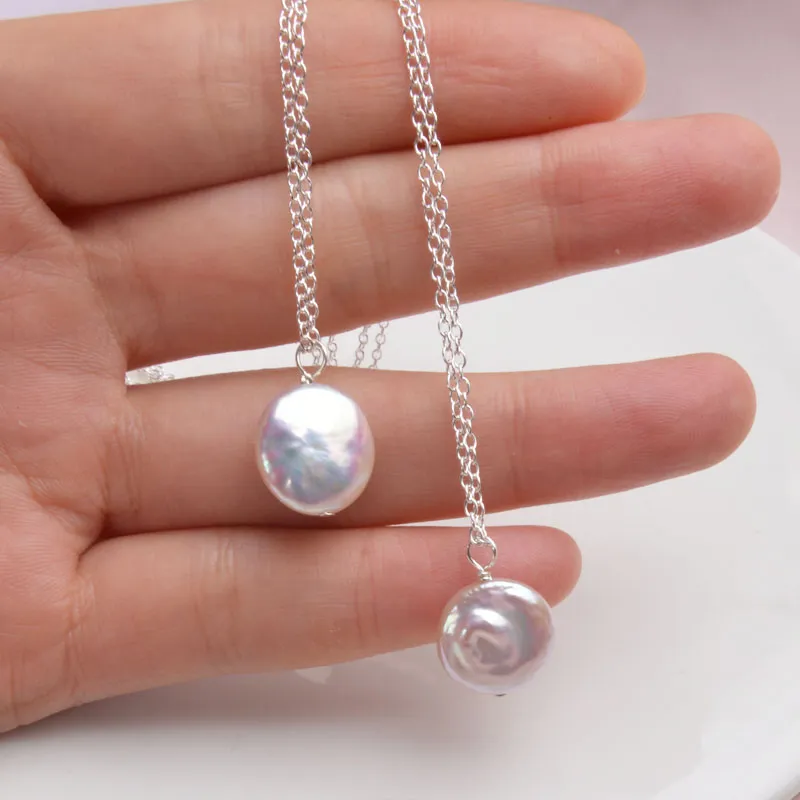 ASHIQI Collana di monete di perle naturali Gioielli in argento sterling 925 Bottone da 12-13 mm Ciondolo di perle d'acqua dolce
