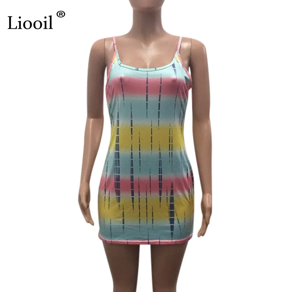 LIOOIL Plus Size Tie Dye Mini Dress Sexig Club Wear Sommarkläder för Kvinnor Ny Ankomst 2019 Bodycon Dresses Woman Party Night T200707