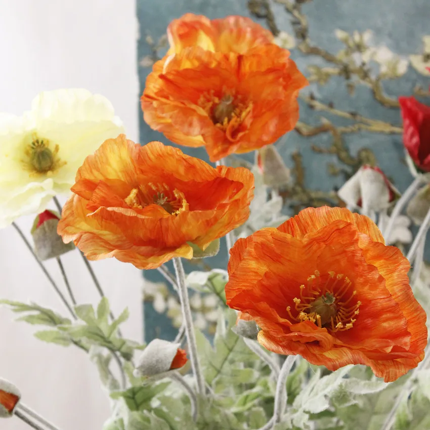 Sztuczny duży mak -poppy z liśćmi Fleurs Artififilles na jesienne jesienne domowe dekoracja Widać Fałszywe jedwabne kwiaty3226