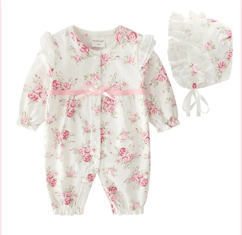 Newborn Baby Girl Rompers Floral Kids Romper Lace Hat Infant Jumpsuit Flower Playsuit Toddler Costume Bowknot Clothes Suit