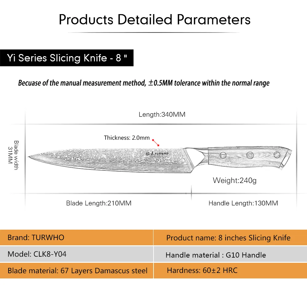 TURWHO 8'' Slicing LNIFE EAMASCUS Kitchen Knives 67 layers VG10 Steel LNIFE Meat Fish Salmon Sushi G10 Handle275p