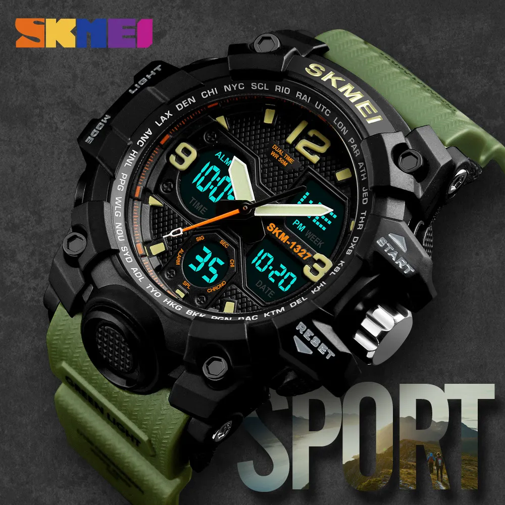 Skmeiファッションカジュアルスポーツウォッチメンズデジタルクロノ5Bar防水時計デュアルディスプレイ腕時計Relogio Masculino 1327266b