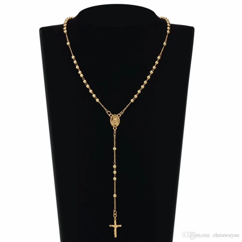 Collier de perles en acier inoxydable de haute qualité, couleur or, chapelet, pendentifs, croix de Jésus-Christ, longue chaîne en Y, bijoux pour hommes et femmes, 225M