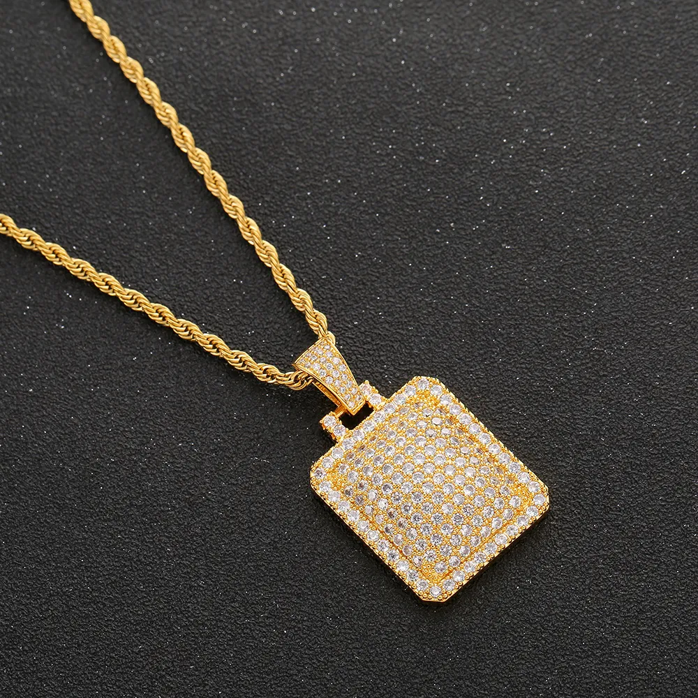 Collier avec pendentif en forme d'étiquette de chien glacé pour hommes, avec chaîne en corde, breloques en Zircon cubique, bijoux Hip Hop 289q