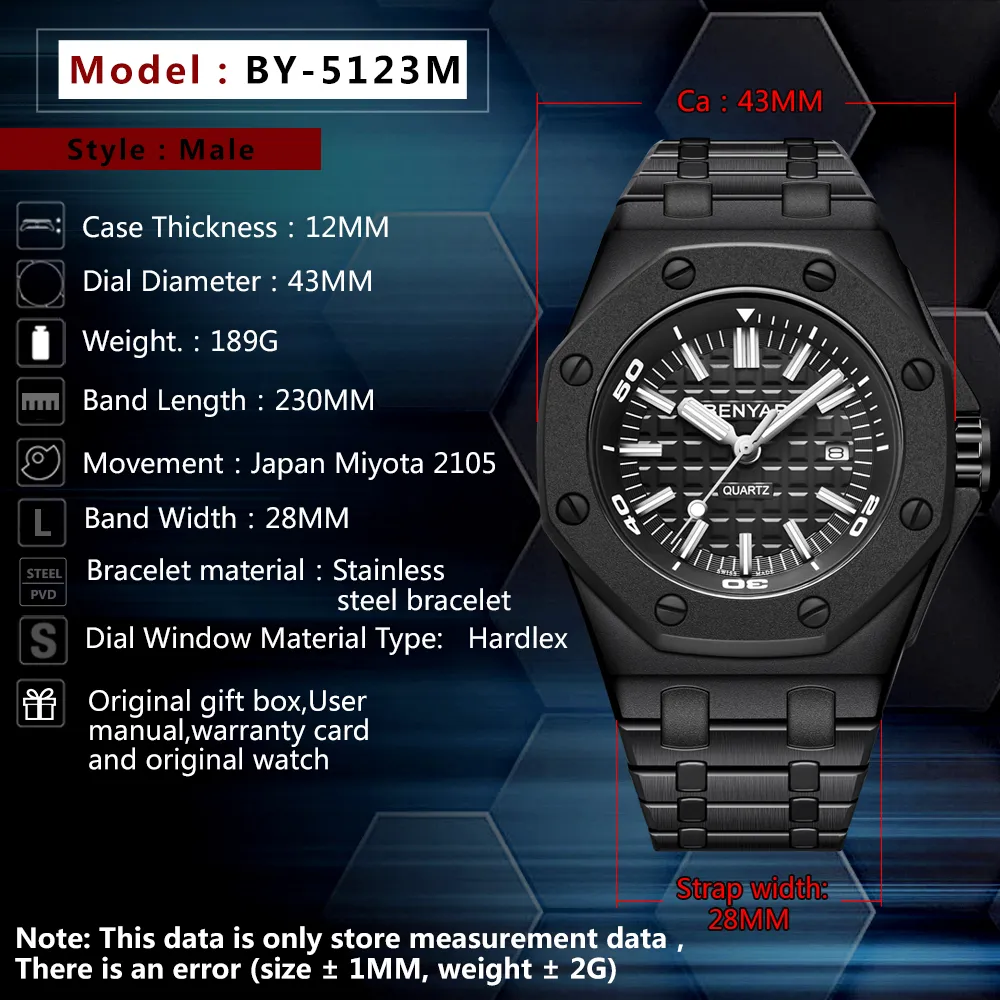 Benyar Quartz Men's Watches Casual Fashion 30m Waterproof Sport Watch Men rostfritt stål armbandsur mens reloj hombre new262r