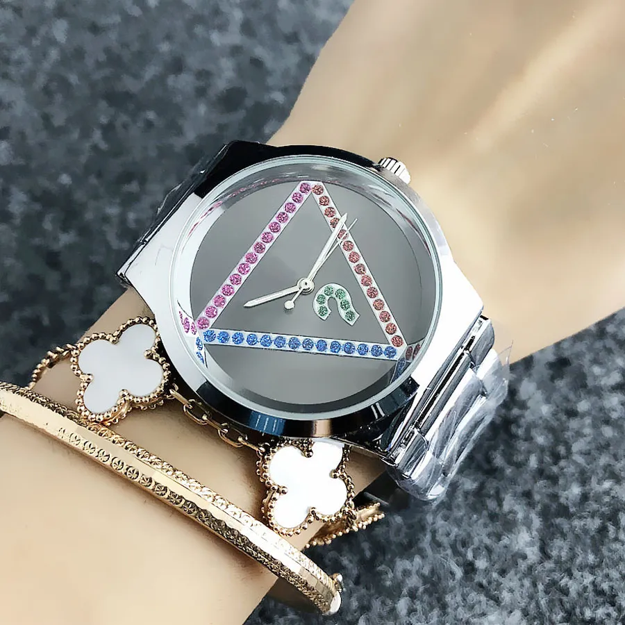 Brand Watch Women Girl Colorful Crystal Triangle Style Metal Steel Band Quartz Wrist Watches GS 13