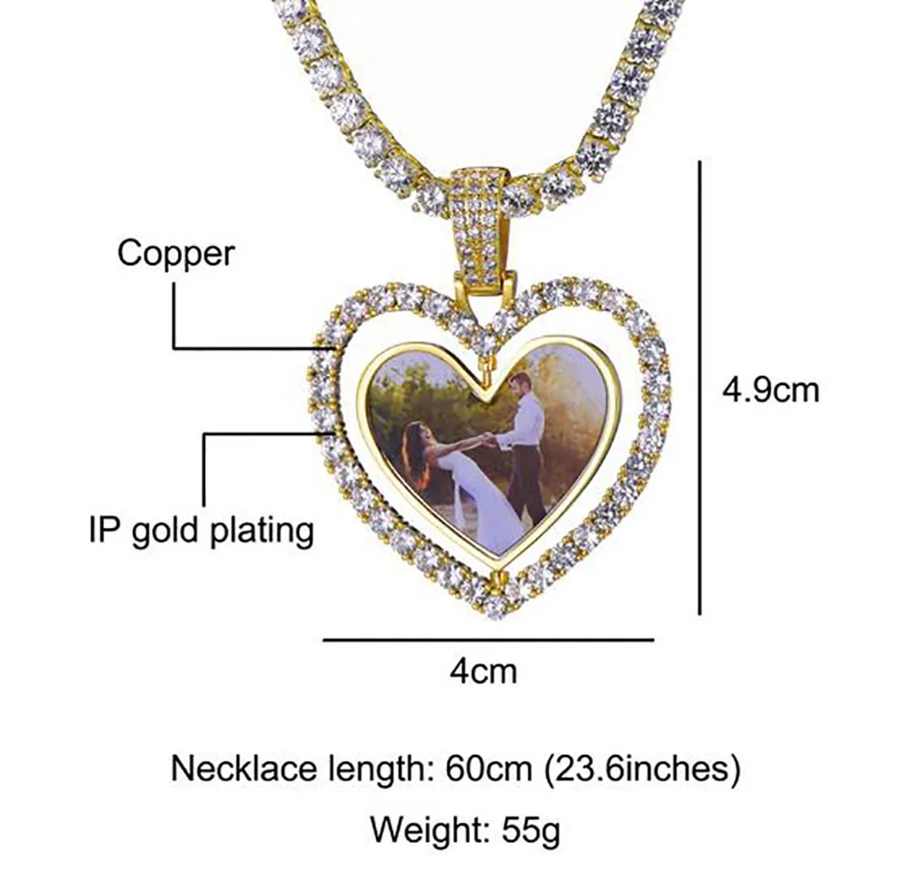 Pendentif Po en forme de cœur d'amour rotatif pour hommes et femmes, sur mesure, Double face, photos, collier, cadeaux, en Zircon, 295p