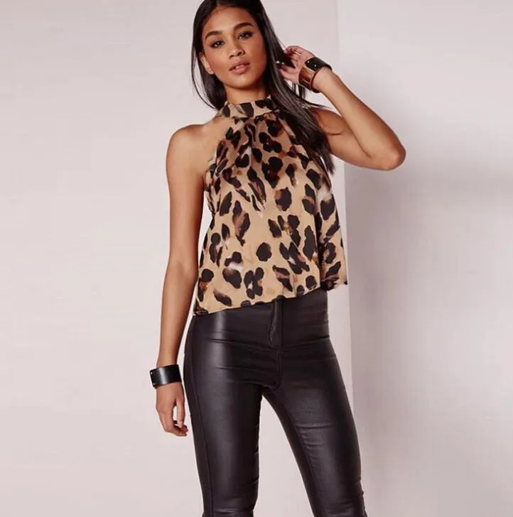Blusas femininas sexy leopardo impressão senhoras camisas e topos blusa halter sexy sem mangas topos roupas das mulheres verão blusas femininas w217d