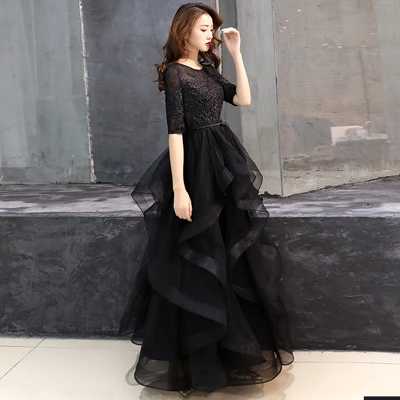 2021 Black Lace Tulle Long Modest Prom Dresses With Half 1 2 Sleeves A-line Floor Length Ruffles Skirt Teens Formal Party Dress209n